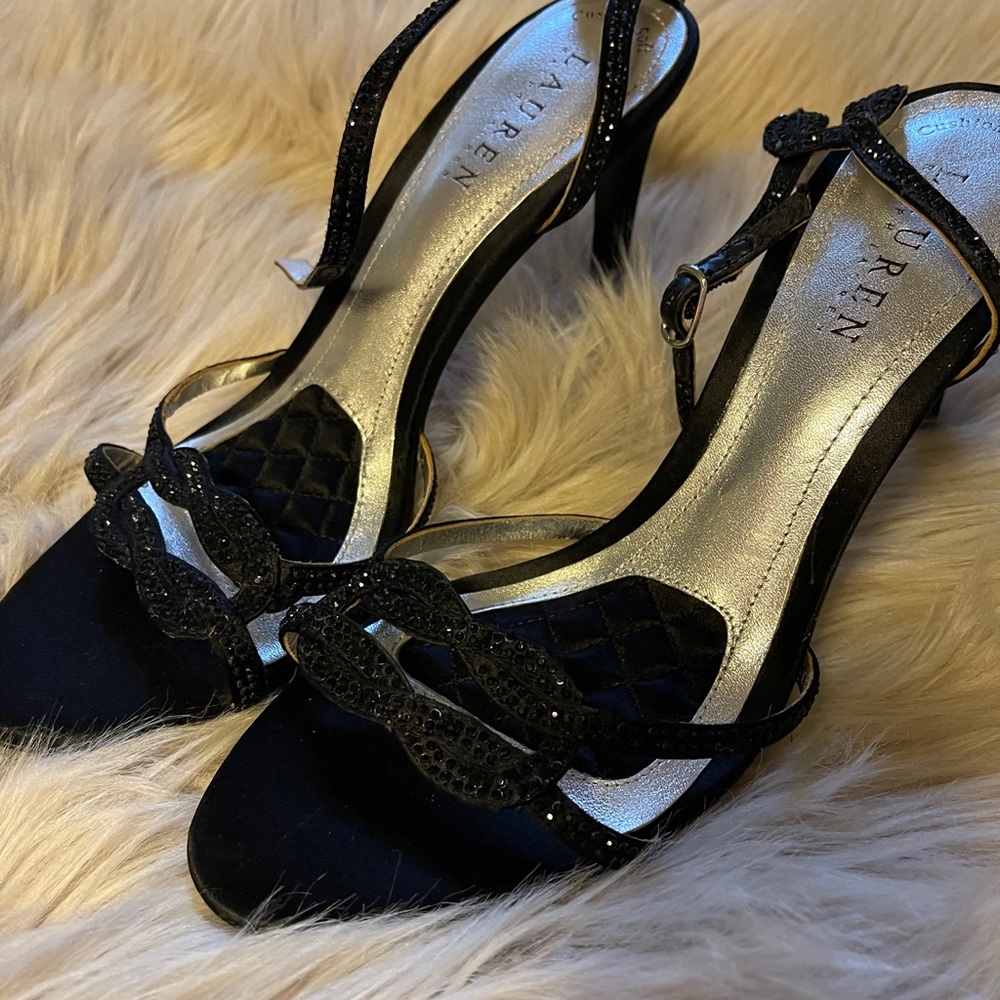 New Lauren Black Ankle Strap Stiletto Shoes Size 9